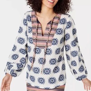 Trina Turk Damas Embroidered Cotton Mixed-Print Split-Neck Top